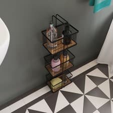 Image of Croydex Freestanding Bathroom Storage Caddy 3 Tier Bamboo & Black Storage Basket