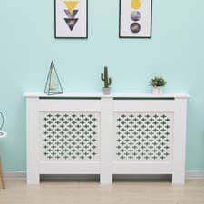 Image of Kensington Radiator Cover Large White (152 x 19 x 82cm) Cross Pattern Wood