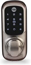 Image of Yale Keyless Connected Door Lock - Satin Nickel Lock/Unlock with nigh latch