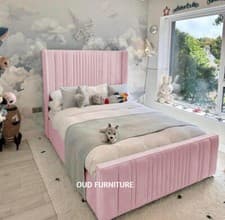 Image of Plush Velvet Panel Bed Frame, Designer Bed, Upholstered Bed 3ft 4f 4ft6 5ft 6ft