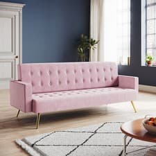 Image of Sofa Bed 3 Seater Pink Contrast Gold Metal Legs Luxury Velvet Nonwovens New Foam