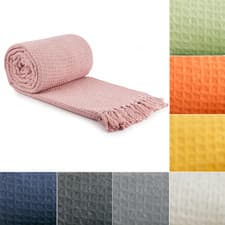 Image of Large 100% Cotton Throw Blanket Sofa Bed Throwover Recycled Honeycomb Fringed