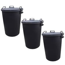 Image of 3 x 110L Litre Bin Heavy Duty Black Plastic Rubbish Waste Dustbin Locking Lid