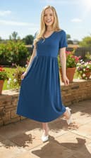 Image of Women's casual dress short sleeve midi length with pockets navy blue size 10-32