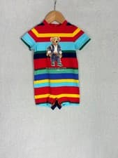 Image of Ralph Lauren, Unisex Babies Multicoloured Stripe Polo Bear Romper, Size 6M - New