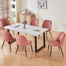 Image of Marble Effect Table and Velvet Chairs Set Dining Kitchen Home Office Furniture