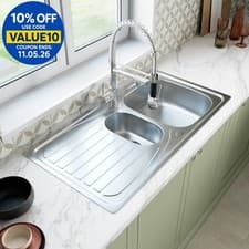 Image of Stainless Steel 1.5 Bowl Inset Kitchen Sink Modern Left Hand Drainer Wastes
