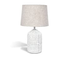 Image of Solid Wood Table Lamp Fabric Shade Brushed White Finish Textured Geometric Base