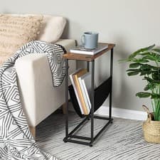 Image of Wooden Narrow Side Table w/ Magazine Holder Bedroom Slim End Table Bedside Table