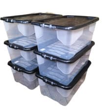Image of 6 x 42L Clear Storage Box with Black Lid Stackable and Nestable Storage Solution