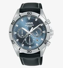 Image of Lorus Mens Sports Chronograph Date Grey Blue Black Leather strap RT341KX9 Boxed