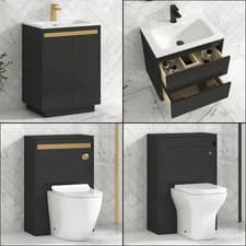 Image of Bathroom Vanity Unit Stone Basin Sink Furniture Black Cabinet Storage BTW WC Pan