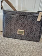 Image of Guess Rosalba top zip shoulder bag featuring a metallic finish Repeating Logo