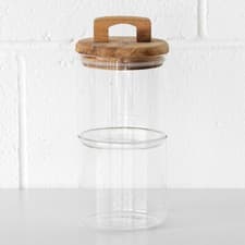 Image of Glass Storage Stackable 2 Tier Small Canister Jars with Wooden Airtight Lid Pot