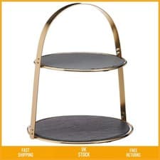 Image of Elegant 2 Tier Round Slate Cake Stand with Brass Finish 29.5 x 29.5 x 35 cm