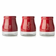 Image of Tea Coffee Sugar Canisters Jar Set of 3 Sabichi Red Silver & Cream Gift