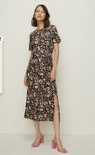 Image of Oasis Floral Textured Belted Midi Dress With Slit. Black. UK XS RRP £42! BNWT