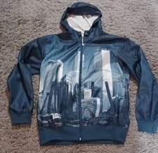 Image of Vintage Airwalk Cityscape Blue Windbreaker With Hood - Size Small