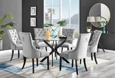 Image of NOVARA 120cm Round Glass & Black Leg Table & 6 Faux Leather Belgravia Chairs