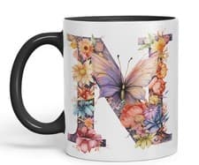 Image of Letter N mug Floral flowers butterfly Alphabet Monogram Ceramic Coloured Mug Cup