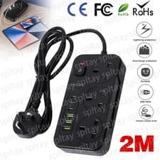 Image of 3 Way Power Extension Lead 2M With 6 USB Ports UK Plug Surge Protected