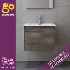 Image of 500 Brown Wall Hung Vanity Unit & White Basin Wash Sink Drawer Bathroom Cabinet