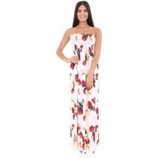 Image of WOMENS SHEERING BOOBTUBE BANDEAU MAXI GATHER STRAPLESS PRINT PLAIN SUMMER DRESS