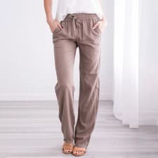 Image of Women Cotton Linen Trousers Ladies Summer Casual Elastic Waist Bottoms Pants UK