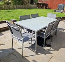 Image of 6 Seater Garden Dining Set Modern Metal Deck Large Patio Seat Chairs Glass Table