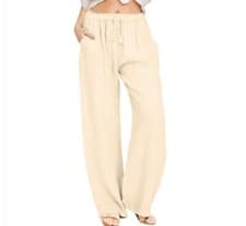 Image of Women Plain Cotton Linen Wide Leg Pants Ladies Summer Casual Drawstring Trousers