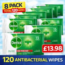Image of Dettol On the Go 2-in-1 Antibacterial Wipes, 15 Count PER PACK | PACK OF 8 * 15