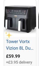 Image of Tower Air Fryer Vortx Vizion 8-Litre Digital Dual Basket T17104 Black Brand New