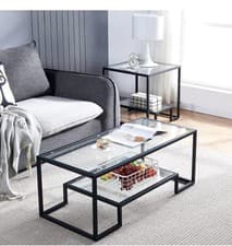 Image of Modern Black Metal Glass Coffee Table, 42.5*19*16.5 Inches, 2 Shelves