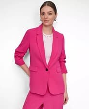 Image of DKNY Petite Ruched Sleeve Blazer Size 4P NWT Pink Modern Tailored Jacket