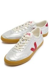 Image of VEJA Volley Leather Trainers – Silver / Red Sustainable Designer Sneakers