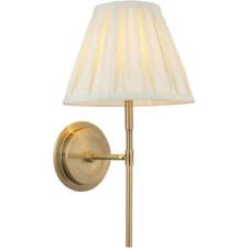 Image of Indoor Antique Brass Plate Wall Light - Cream Fabric Shade - Dimmable 6W LED E14