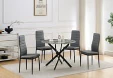 Image of Dining Table Set 100 cm Round Grey Sintered Stone Top with 4 Faux Leather Chairs