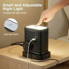 Image of Extension 7 Way Tower Power Lead USB Multi Socket Surge Protected Socket UK