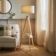 Image of Wooden Tripod Floor Lamp Standard Light With Shelf Storage Lampshades LED Bulb