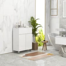 Image of Bathroom Floor Cabinet, High Gloss Storage Cupboard with Drawer, White