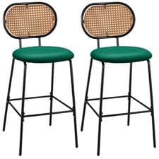 Image of Set of 2 Bar Stools Dining Counter Height Chair Padded Seat With Rattan Backrest