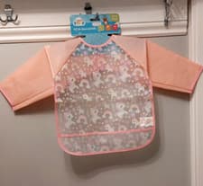 Image of Tiny Steps PEVA Sleeved BIB one size Pink WIPE CLEAN CRUMB CATCH UNICORN RAINBOW