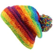 Image of Knitted Wool Beanie Bobble Hat Plain Striped Bright Pattern Lined Slouch Pom Pom