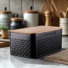 Image of Large Bread Bin Metal Container Box Kitchen Loaf Sugar Storage Canister Wood Lid