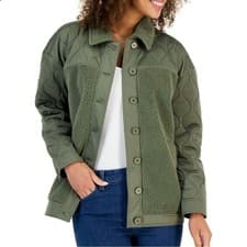 Image of Women's L NWT Quilted Green Fleece Mixed Media Bomber Jacket New