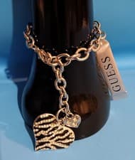 Image of New Guess Silvertone Pave Heart Crystals Charm Bracelet Valentines Love