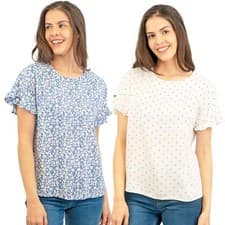 Image of M&S Womens Blouse Top Polka Dot Floral Frill Sleeve Navy Blue Ivory Tee