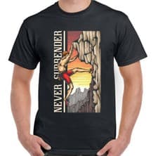 Image of Never Surrender Mens Funny Rock Climbing T-Shirt Climber Climb 