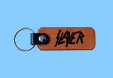 Image of Slayer Logo Hand Made Laser Engraved Leather Keyring Over 3mm Thick