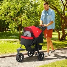 Image of Folding 3 Wheel Pet Stroller Travel w/ Adjustable Canopy Storage Brake Red